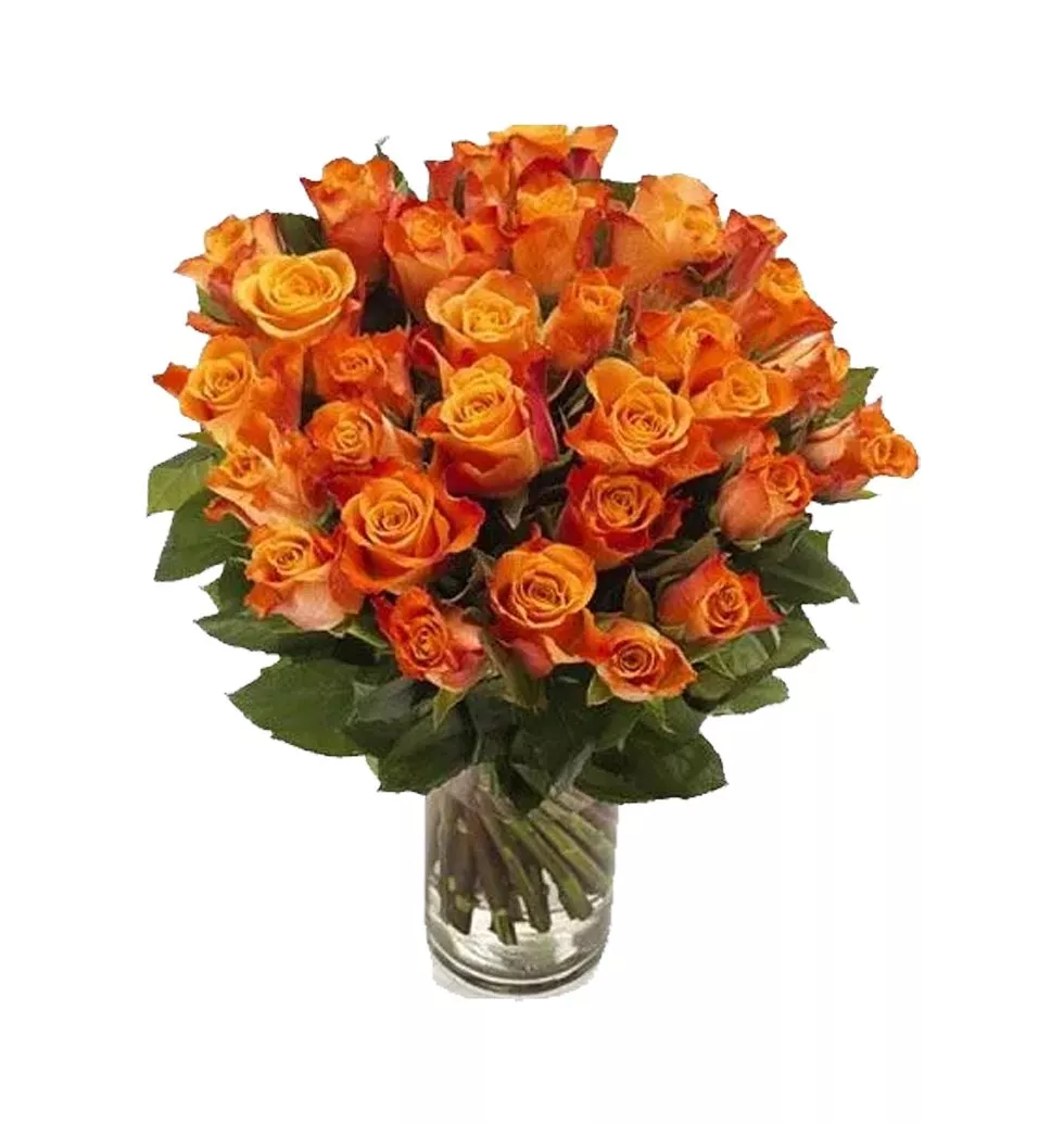 Artistic Bouquet of Thirty Orange Roses with Vase