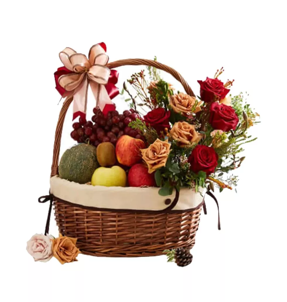 Basket Of Flowers And Fruits