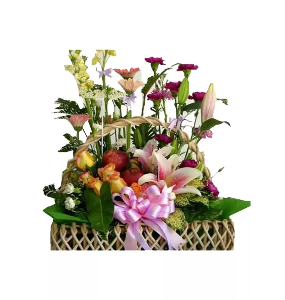 Bucket Of Fresh Fruits And Flowers