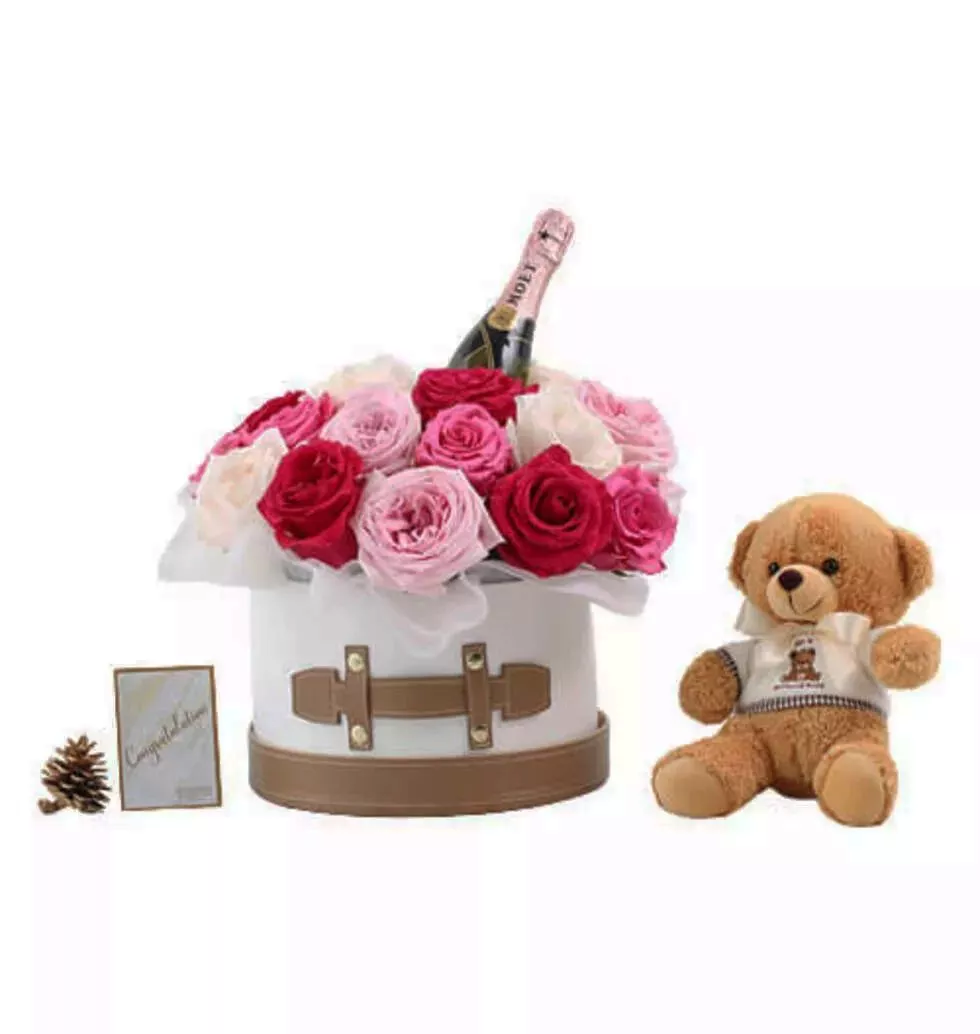 Champagne Teddy Bear Flower Bakset