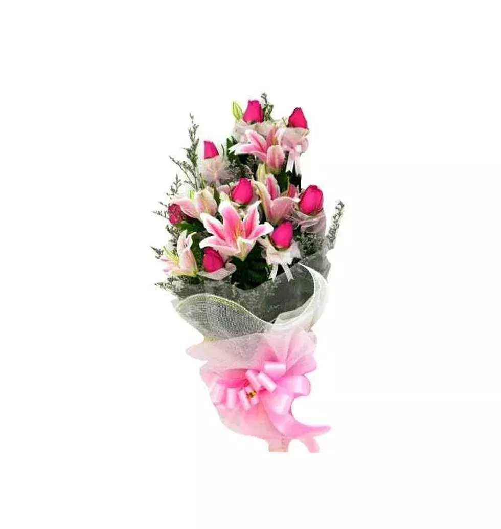 Festive Composition of Pink Roses with Lilies