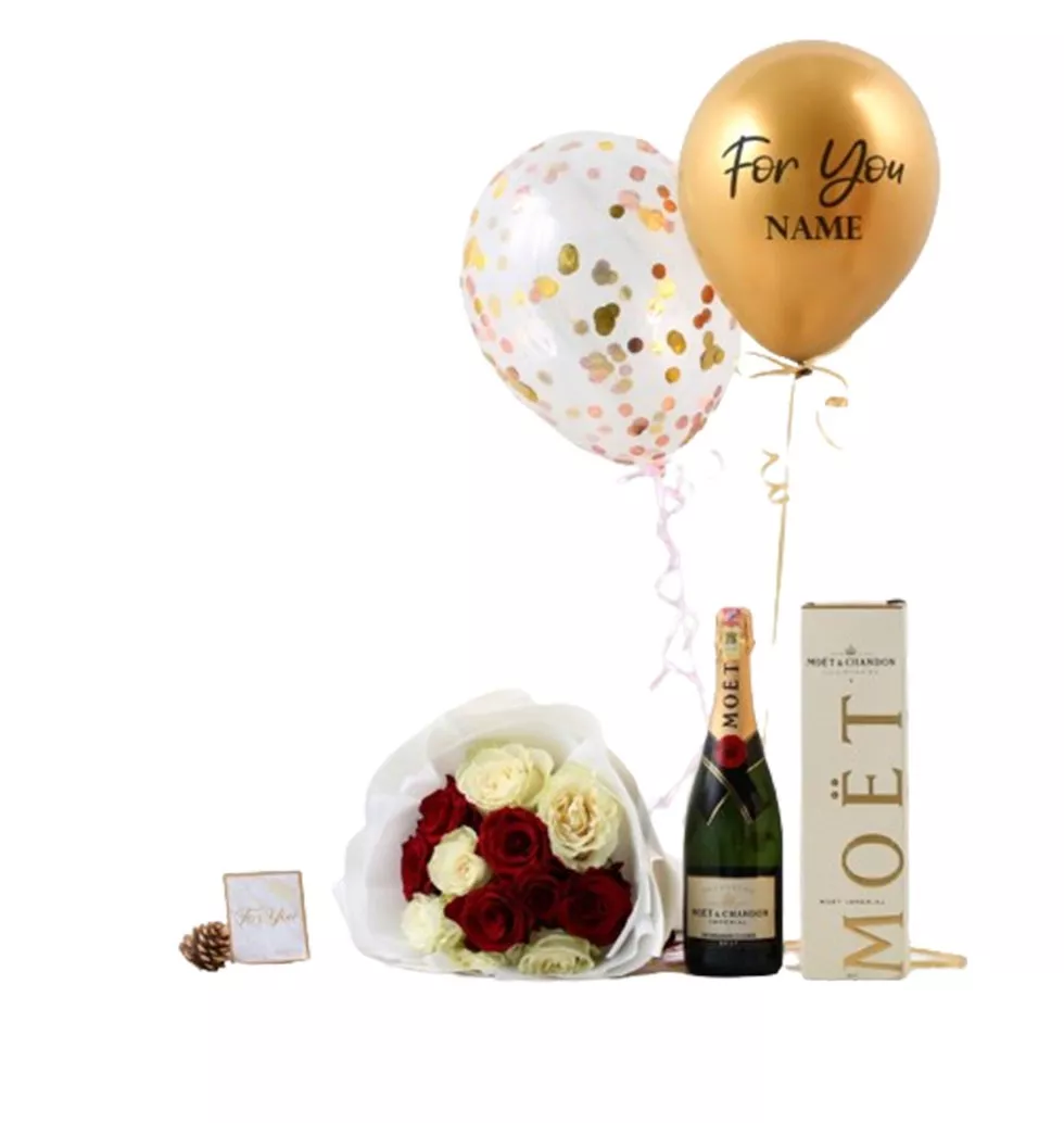Flowers Champagne Balloons Gift Basket