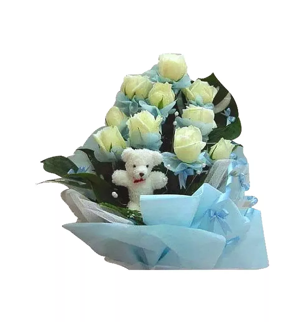 Impressive Small Bear with Twelve White Roses Bouquet