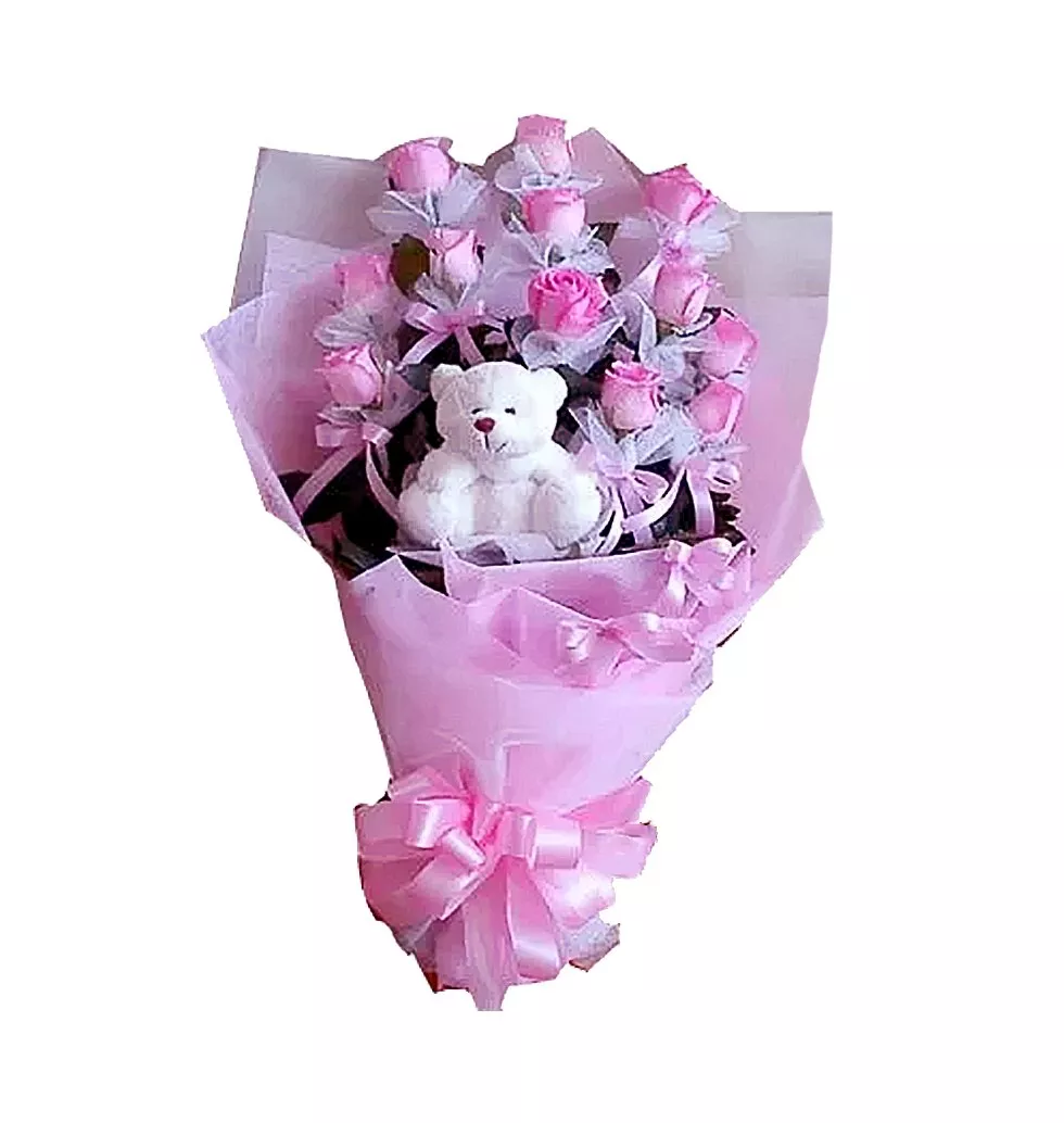 Teddy Bear With Pink Rose
